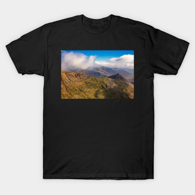 Crib y Drysgol and Crib Goch from Snowdon summit T-Shirt by dasantillo